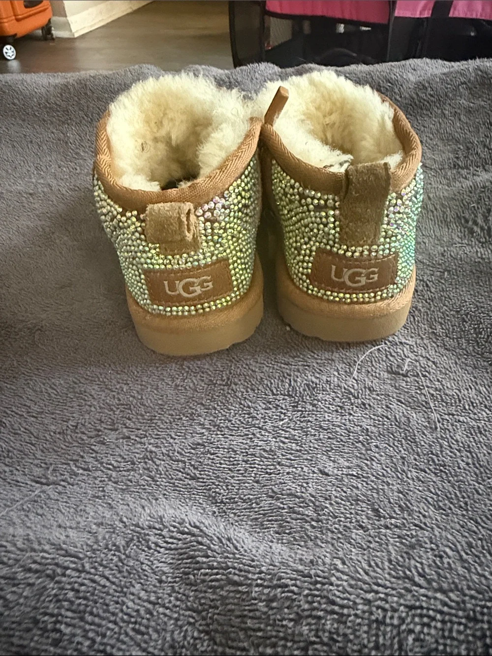 UGG Kids Chestnut Sheepskin Boots with Iridescent Crystals